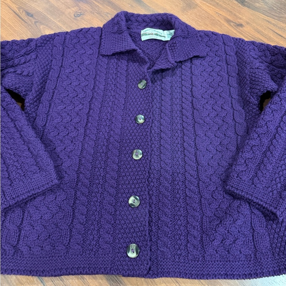 Aran Craft 100% Merino Wool Cardigan Purple Women’s Small Made In Ireland - Picture 3 of 7